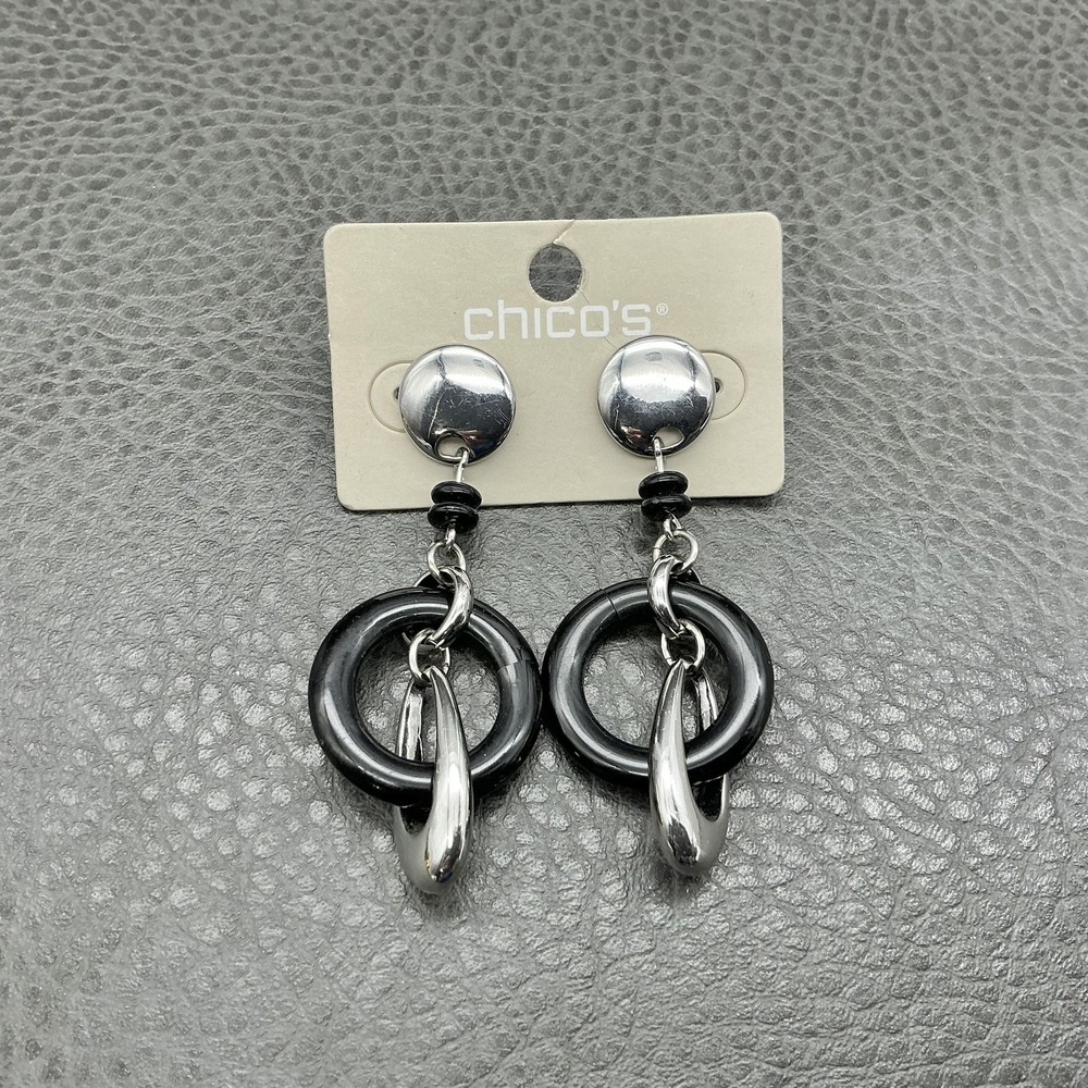 Chicos Earrings Black Silver Tone Dangle Drop‎ Womens Round Resin 2 Inch Jewelry
